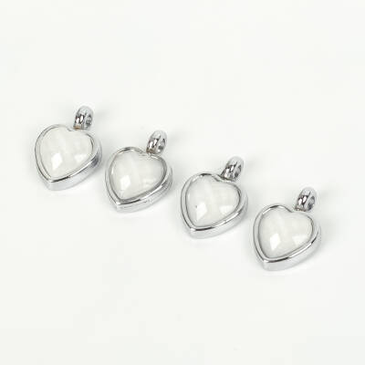 1 Adet - 11 mm Kalp Desenli Taşlı Uç, Charm Uç, Rodyum Kaplama 1.Kalite Kararmaz - 1