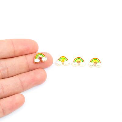 1 Adet - 12 mm Gökkuşağı Desenli Ortadan Delik Mineli Altın Kaplama Aparat, 1. Kalite (kararmaz) - 1