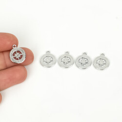 1 Adet - 12 mm Pusula Desenli Uç, Charm Uç, Rodyum Kaplama 1.Kalite Kararmaz - YF Hobi