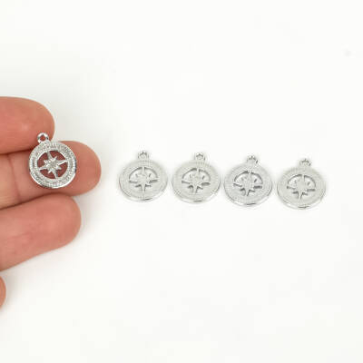 1 Adet - 12 mm Pusula Desenli Uç, Charm Uç, Rodyum Kaplama 1.Kalite Kararmaz - 1