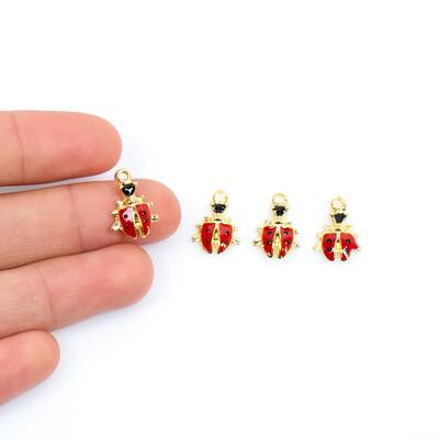 1 Adet - 16 mm Uğur Böceği Desenli Mineli Altın Kaplama Takı Aparatı, 1. Kalite (kararmaz) - 1