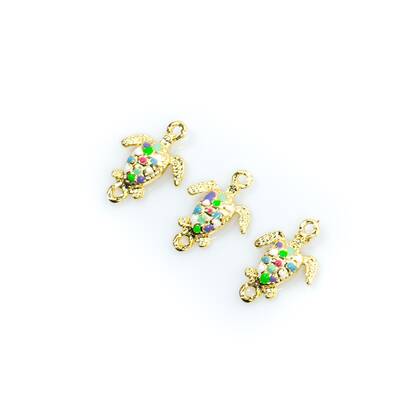 1 Adet - 21 mm Caretta Desenli Renkli Mineli Altın Kaplama Takı Aparatı, 1. Kalite (kararmaz) - 3