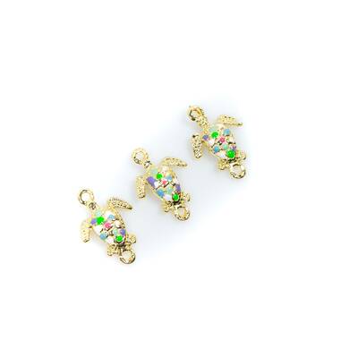 1 Adet - 21 mm Caretta Desenli Renkli Mineli Altın Kaplama Takı Aparatı, 1. Kalite (kararmaz) - 4