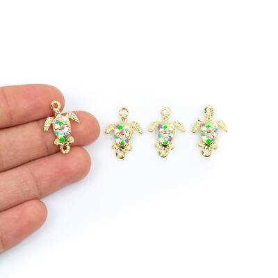 1 Adet - 21 mm Caretta Desenli Renkli Mineli Altın Kaplama Takı Aparatı, 1. Kalite (kararmaz) - 1