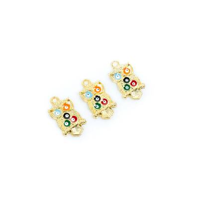 1 Adet - 24 mm Baykuş Desenli Beş Renk Nazar Mineli Altın Kaplama Takı Aparatı, 1. Kalite (kararmaz) - 4