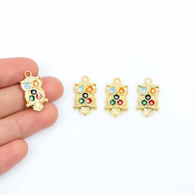 1 Adet - 24 mm Baykuş Desenli Beş Renk Nazar Mineli Altın Kaplama Takı Aparatı, 1. Kalite (kararmaz) - 1