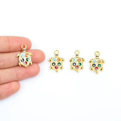 1 Adet - 24 mm Kaplumbağa Desenli Beş Nazar Mineli Altın Kaplama Takı Aparatı, 1. Kalite (kararmaz) - 1