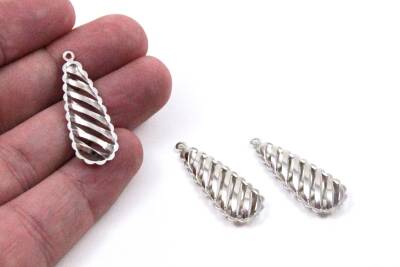 1 Adet - 32 mm Nikel Kaplama Metal Damla Desenli Kulplu Kolye Ucu, Takı Aparatı, 1.Kalite (Kararmaz) - 1