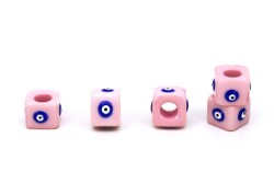 1 Adet - 7x9 mm, 4 Taraf Nazar Mineli, Polyester Boncuk, Pembe Renk Boncuk - YF Hobi