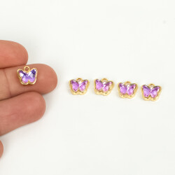 1 Adet - 9 mm Kelebek Desenli Taşlı Uç, Charm Uç, Altın Kaplama 1.Kalite Kararmaz - YF Hobi