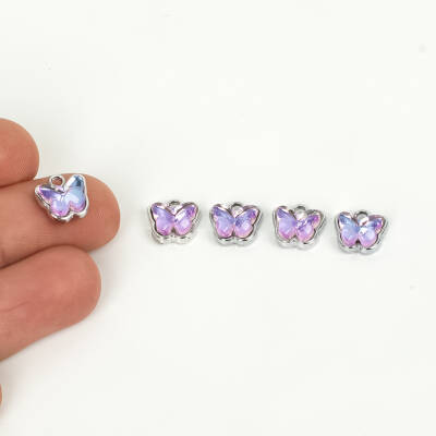 1 Adet - 9 mm Kelebek Desenli Taşlı Uç, Charm Uç, Rodyum Kaplama 1.Kalite Kararmaz - 4