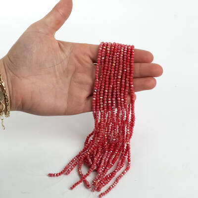 1 Dizi (130-135 Adet) - 3 mm Yassı Kristal Cam Boncuk Dizisi Mat Janjanlı Fuşya Renk 1.Kalite - 3