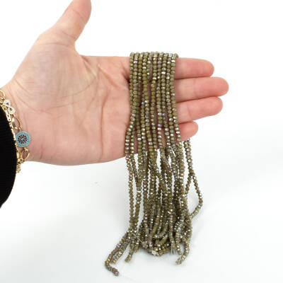 1 Dizi (130-135 Adet) - 3 mm Yassı Kristal Cam Boncuk Dizisi Mat Janjanlı Haki Yeşil Renk 1.Kalite - 3