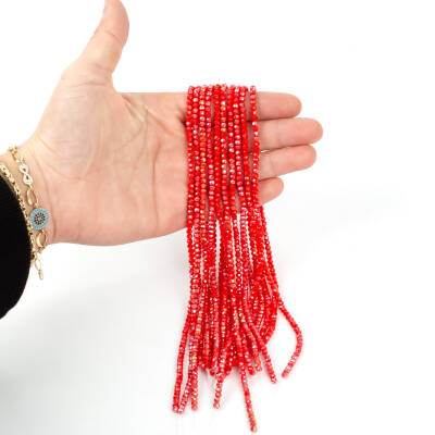 1 Dizi (130-135 Adet) - 3 mm Yassı Kristal Cam Boncuk Dizisi Mat Janjanlı Kırmızı Renk 1.Kalite - 1