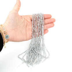 1 Dizi (130-135 Adet) - 3 mm Yassı Kristal Cam Boncuk Dizisi Şeffaf Janjanlı Gümüş Renk 1.Kalite - 3