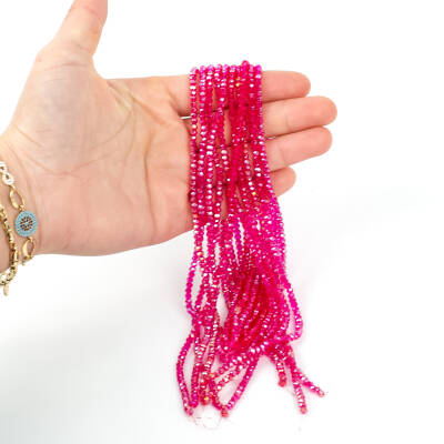 1 Dizi (130-135 Adet)- 3 mm Yassı Kristal Cam Boncuk Dizisi Şeffaf Janjanlı Koyu Pembe Renk 1.Kalite - 3