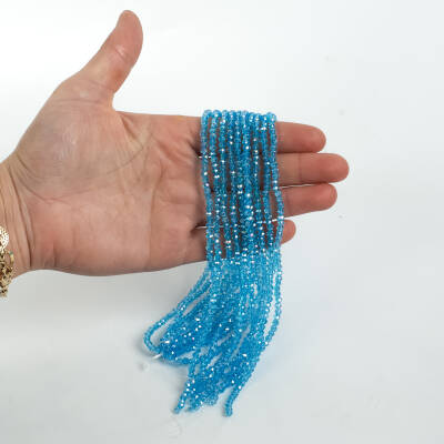 1 Dizi (130-135 Adet)- 3 mm Yassı Kristal Cam Boncuk Dizisi Şeffaf Janjanlı Mavi Renk 1.Kalite - 3