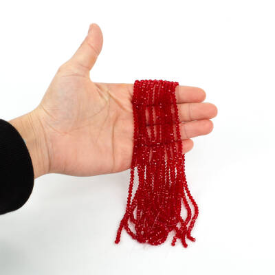 1 Dizi (130-135 Adet) - 3 mm Yassı Kristal Cam Boncuk Dizisi Şeffaf Kırmızı Renk 1.Kalite - 4