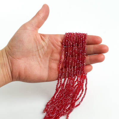 1 Dizi (145-155 Adet) - 2 mm Yassı Kristal Cam Boncuk Dizisi Şeffaf Janjanlı Koyu Kırmızı 1.Kalite - 3