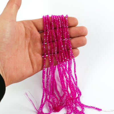 1 Dizi (145-155 Adet)- 2 mm Yassı Kristal Cam Boncuk Dizisi Şeffaf Janjanlı Koyu Pembe Renk 1.Kalite - 3