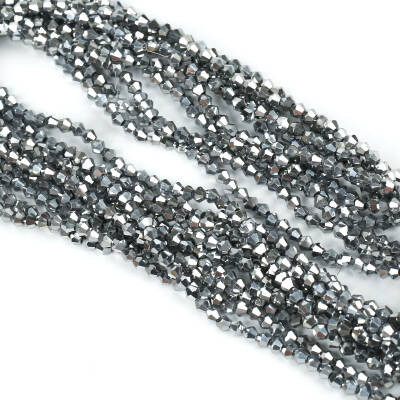 1 Dizi (40 cm- 90-95 Adet) - 4 mm Piramit Kristal Cam Boncuk, Kaplama Gümüş Renk Boncuk Dizisi - 1