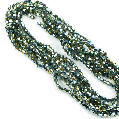1 Dizi (40 cm- 90-95 Adet) - 4 mm Piramit Kristal Cam Boncuk, Kaplama Yeşil Renk Boncuk Dizisi - 1