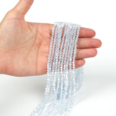 1 Dizi (40 cm- 90-95 Adet) - 4 mm Piramit Kristal Cam Boncuk, Şeffaf Janjanlı Buz Mavisi Renk Boncuk Dizisi - 2