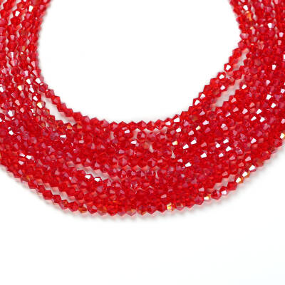 1 Dizi (40 cm- 90-95 Adet) - 4 mm Piramit Kristal Cam Boncuk, Şeffaf Janjanlı Kırmızı Renk Boncuk Dizisi - 1