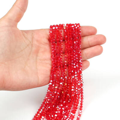 1 Dizi (40 cm- 90-95 Adet) - 4 mm Piramit Kristal Cam Boncuk, Şeffaf Janjanlı Kırmızı Renk Boncuk Dizisi - 2