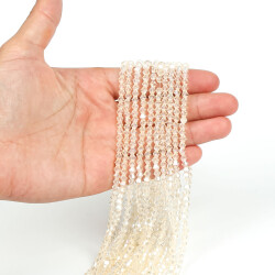 1 Dizi (40 cm- 90-95 Adet) - 4 mm Piramit Kristal Cam Boncuk, Şeffaf Janjanlı Krem Renk Boncuk Dizisi - 1