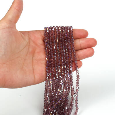 1 Dizi (40 cm- 90-95 Adet) - 4 mm Piramit Kristal Cam Boncuk, Şeffaf Janjanlı Mürdüm Renk Boncuk Dizisi - 2
