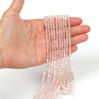 1 Dizi (40 cm- 90-95 Adet) - 4 mm Piramit Kristal Cam Boncuk, Şeffaf Janjanlı Pembe Renk Boncuk Dizisi - 2
