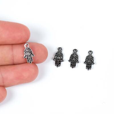 10 Adet - 13 mm El Desenli Metal Uç, Takı Malzemesi, Boyalı Gümüş Kaplama - 1