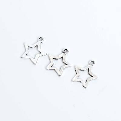 10 Adet - 15 mm Yıldız Desenli Metal Uç, Takı Malzemesi, Boyalı Gümüş Kaplama - 3