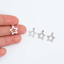 10 Adet - 15 mm Yıldız Desenli Metal Uç, Takı Malzemesi, Boyalı Gümüş Kaplama - 1