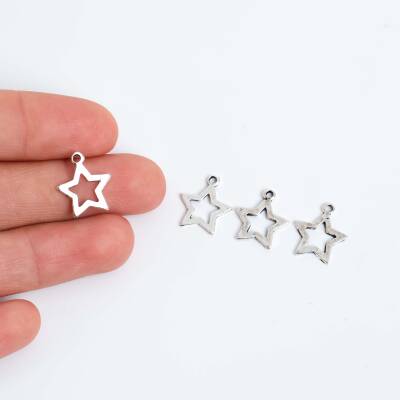 10 Adet - 15 mm Yıldız Desenli Metal Uç, Takı Malzemesi, Boyalı Gümüş Kaplama - 1