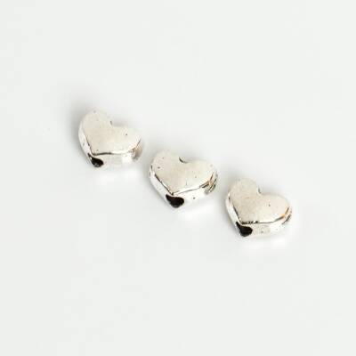 10 Adet - 6 mm, Kalp Desenli Metal Uç, Ortadan Delik Zamak Ara Parça, Boyalı Gümüş Renk, 1. Kalite - 5