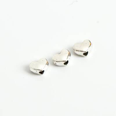 10 Adet - 6 mm, Kalp Desenli Metal Uç, Ortadan Delik Zamak Ara Parça, Boyalı Gümüş Renk, 1. Kalite - 2