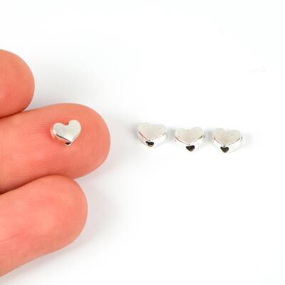 10 Adet - 6 mm, Kalp Desenli Metal Uç, Ortadan Delik Zamak Ara Parça, Boyalı Gümüş Renk, 1. Kalite - 1