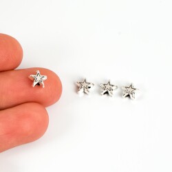10 Adet - 7 mm, Yıldız Desenli Metal Uç, Ortadan Delik Zamak Ara Parça, Boyalı Gümüş Renk, 1. Kalite - 1