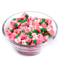 10 Adet, Pembe Elma Desenli Polimer Fimo Boncuk, Polimer Kil Boncuk. 1. Kalite - 2