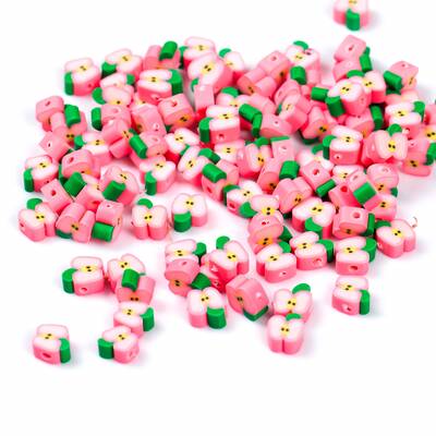 10 Adet, Pembe Elma Desenli Polimer Fimo Boncuk, Polimer Kil Boncuk. 1. Kalite - 3