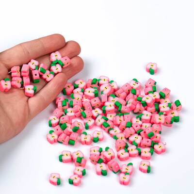 10 Adet, Pembe Elma Desenli Polimer Fimo Boncuk, Polimer Kil Boncuk. 1. Kalite - 4