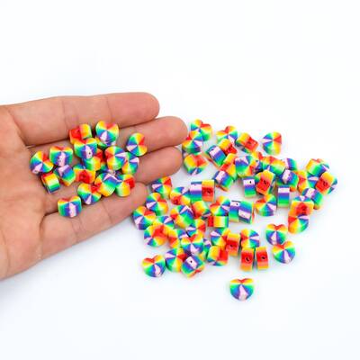 10 Adet, Gökkuşağı Desenli Kalp Polimer Fimo Boncuk, Polimer Kil Boncuk. 1. Kalite - 4