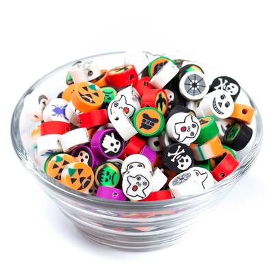 10 Adet, Halloween Figürleri Desenli Polimer Fimo Boncuk, Polimer Kil Boncuk. 1. Kalite - 2