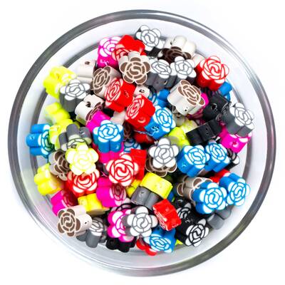 10 Adet, Karışık Renkli Çiçek Desenli Polimer Fimo Boncuk, Polimer Kil Boncuk. 1. Kalite - 1