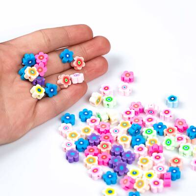 10 Adet, Karışık Renkli Çiçek Desenli Polimer Fimo Boncuk, Polimer Kil Boncuk. 1. Kalite - 4