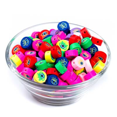 10 Adet, Karışık Renkli Göz Desenli Polimer Fimo Boncuk, Polimer Kil Boncuk. 1. Kalite - 2