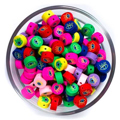 10 Adet, Karışık Renkli Göz Desenli Polimer Fimo Boncuk, Polimer Kil Boncuk. 1. Kalite - 1