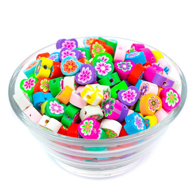 10 Adet, Karışık Renkli Kalp Figürlü Çiçek Polimer Fimo Boncuk, Polimer Kil Boncuk. 1. Kalite - 2